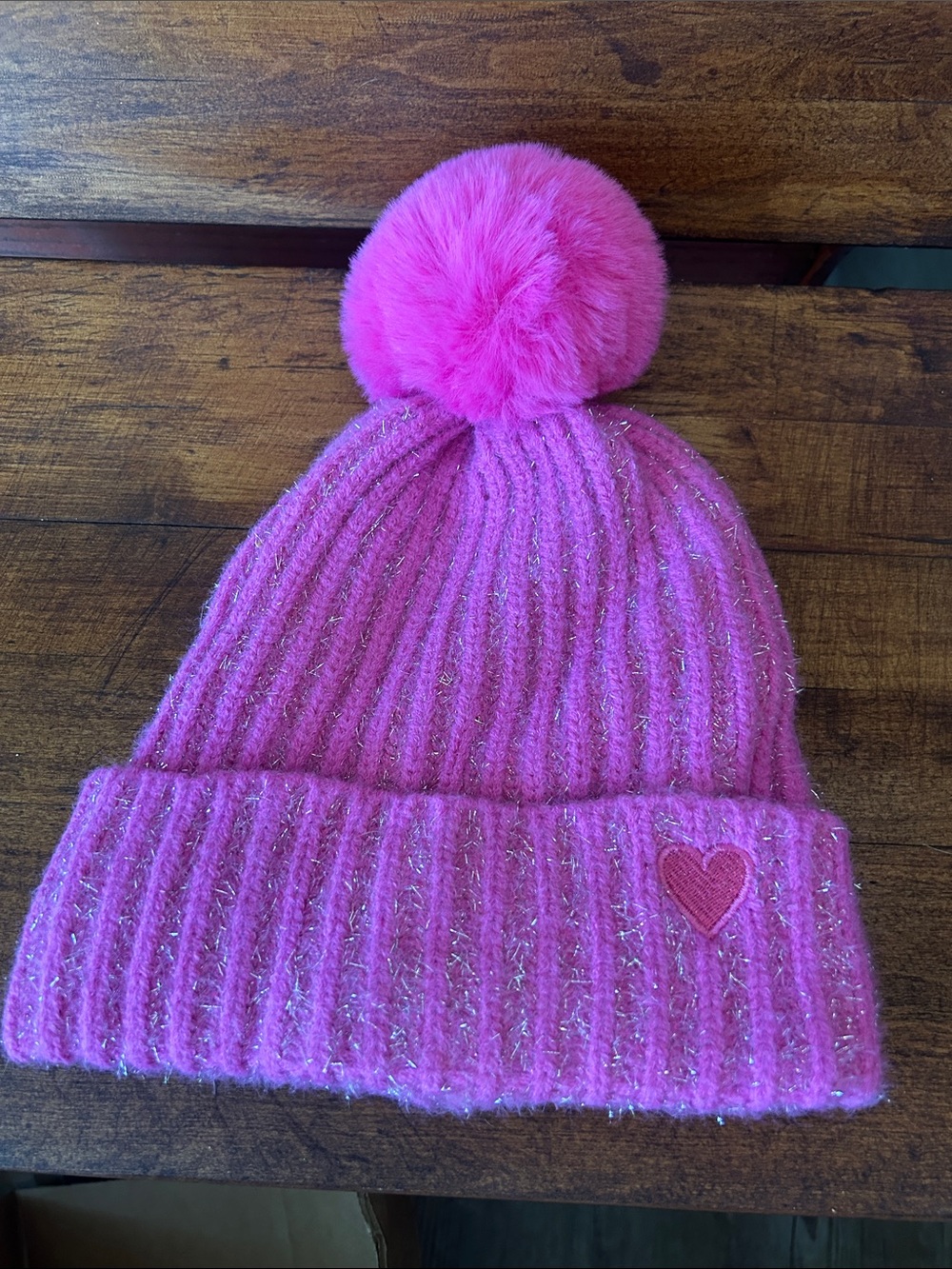 Children’s Place Kids Pink Pom Pom Beanie Hat with Heart Detail